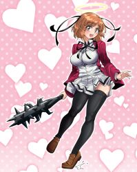  1girl absurdres blush bokusatsu_tenshi_dokuro-chan breasts brown_eyes brown_hair club_(weapon) cosplay excalibolg girls_und_panzer hair_ribbon halo heart highres holding huaronanago jacket large_breasts loafers long_sleeves mitsukai_dokuro mitsukai_dokuro_(cosplay) neck_ribbon nishizumi_miho open_mouth polka_dot polka_dot_background red_jacket ribbon school_uniform shirt shoes short_hair skirt smile solo spiked_club teeth thigh-highs traditional_halo two_side_up upper_teeth_only weapon white_shirt 