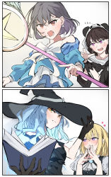  4girls absurdres animal_hood ascot bang_dream! bang_dream!_it&#039;s_mygo!!!!! black_dress black_gloves black_hair black_hat blonde_hair blue_hair blue_shirt blush book bow bowtie brown_eyes commentary dress earrings gloves grey_hair hair_between_eyes hat heart highres holding holding_book holding_wand hood hood_up jewelry lilachinami long_hair misumi_uika mole mole_under_eye multiple_girls off_shoulder open_mouth panda_hood sailor_collar sailor_shirt shiina_taki shirt short_hair steepled_fingers takamatsu_tomori teeth togawa_sakiko translated upper_teeth_only violet_eyes wand white_ascot white_bow white_bowtie witch witch_hat yuri 