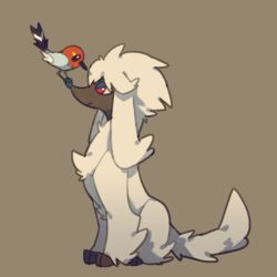  2others animal_focus animal_on_head bird bird_on_head bird_tail bird_wings expressionless eye_contact fletchling floppy_ears fluffy fluffy_tail furfrou grey_background grey_feathers half-closed_eyes looking_at_another milycat multiple_others no_humans on_head orange_feathers perching pokemon pokemon_(creature) red_eyes simple_background sitting tail white_fur wings 