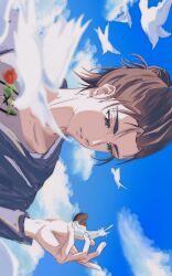  1boy bird blue_sky brown_hair clouds cloudy_sky eren_yeager falling_feathers feathers flower grey_eyes grey_shirt hair_bun highres holding holding_feather holding_flower long_sleeves male_focus medium_hair parted_lips red_flower shingeki_no_kyojin shirt sky solo tatakaehhhh upper_body white_feathers 