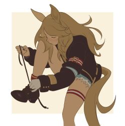  1girl animal_ears aqua_belt aqua_nails aqua_shorts arm_belt belt belt_buckle black_bow black_jacket blonde_hair border bow buckle closed_eyes closed_mouth commentary denim denim_shorts english_commentary expressionless faithinstrngrs foot_out_of_frame fur-trimmed_shorts fur_trim gloves gold_buckle gold_city_(authentic/1928)_(umamusume) gold_city_(umamusume) head_on_own_knee highres horse_ears horse_girl horse_tail jacket leg_up light_blush long_hair long_sidelocks long_sleeves multicolored_nails nail_polish outside_border pointy_nose puffy_long_sleeves puffy_sleeves red_nails red_socks short_shorts shorts sidelocks single_glove sleeve_cuffs socks solo striped_belt tail thigh_strap tying_footwear umamusume wavy_hair white_border white_gloves yellow_background 