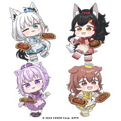  4girls :d ;d animal_ear_fluff animal_ears apron black_hair blue_eyes blue_hat blue_skirt bone_hair_ornament brown_eyes brown_hair brown_shirt brown_skirt cartoon_bone cat_ears cat_girl cat_tail chibi commentary_request detached_sleeves diagonal-striped_clothes diagonal-striped_skirt dog_ears dog_girl dog_tail fangs fox_ears fox_girl fox_tail hair_ornament hat highres hololive hololive_gamers inugami_korone mini_hat mochimiko multicolored_hair multiple_girls nekomata_okayu official_art one_eye_closed ookami_mio pink_shirt pink_skirt pleated_skirt puffy_short_sleeves puffy_sleeves purple_hair purple_hat purple_shirt purple_skirt red_hair red_hat shirakami_fubuki shirt short_sleeves simple_background skirt smile streaked_hair striped_clothes striped_headwear striped_shirt tail vertical-striped_clothes vertical-striped_headwear vertical-striped_shirt violet_eyes virtual_youtuber waist_apron white_apron white_background white_hair white_shirt wolf_ears wolf_girl wolf_tail yellow_hat 
