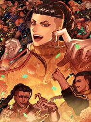  1boy blonde_hair braid cloud_print commentary drunken_fist earrings floral_print highres jamie_siu jewelry long_hair open_mouth single_bang street_fighter street_fighter_6 stud_earrings takai_misa white_hair 