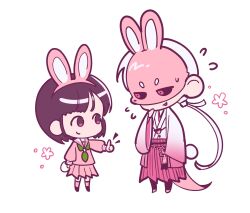  1boy 1girl animal_ear_hairband animal_ears black_hair black_sclera chibi chibi_only closed_mouth colored_sclera fake_animal_ears fox_mask_(silent_hill) fox_tail green_neckerchief haejeo1008 hairband highres japanese_clothes low_ponytail mask motoyui neckerchief official_alternate_costume parted_lips pink_eyes pink_hairband pink_mask pink_serafuku pink_socks pleated_skirt ponytail rabbit_mask rabbit_tail sailor_collar school_uniform serafuku shimizu_hinako shimizu_hinako_(pink_rabbit_costume) silent_hill_(series) silent_hill_f skirt smile socks tail thumbs_up white_background white_hair white_sailor_collar 
