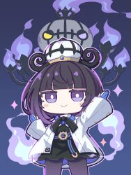  &gt;:) 1girl :&gt; black_dress black_hair blue_gloves blunt_bangs blush blush_stickers bob_cut chandelier chandelure chibi closed_mouth coat crown dress fire gloves gwynn_(pokemon) hat heterochromia highres long_sleeves looking_at_viewer mega_chandelure mega_pokemon multicolored_hair nejikirio open_clothes open_coat partially_fingerless_gloves pokemon pokemon_(creature) pokemon_legends:_z-a purple_fire purple_hair short_hair sparkle v-shaped_eyebrows violet_eyes white_coat yellow_eyes 