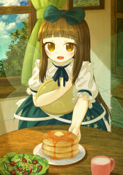  1girl :d absurdres blue_bow blue_ribbon blue_skirt blunt_bangs bow brown_eyes brown_hair butter commentary_request cucumber cucumber_slice cup curtains ekaapetto english_commentary fairy_wings food frilled_shirt_collar frills hair_bow highres holding holding_tray indoors lettuce long_hair looking_at_viewer maple_syrup mixed-language_commentary neck_ribbon open_mouth pancake pancake_stack picture_frame plate print_skirt puffy_short_sleeves puffy_sleeves ribbon round_table salad serving short_sleeves sidelocks skirt smile solo standing star_(symbol) star_print star_sapphire table tea teacup tomato tomato_slice touhou tray very_long_hair waitress window wings wooden_table 