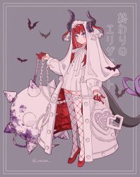  1girl asymmetrical_horns ball_and_chain_(weapon) bat_(animal) blue_eyes chain colored_extremities cuffs dragon_girl dragon_horns dragon_tail dress elizabeth_bathory_(avenger)_(fate) fate/grand_order fate_(series) fishnets fishnets_over_socks full_body grey_background handcuffs highres holding holding_weapon horns iron_maiden long_hair looking_at_viewer mxixk red_hair red_shoes shoes solo spiked_ball_and_chain spikes standing tail thigh-highs two_side_up veil weapon white_dress white_headdress white_thighhighs white_veil 