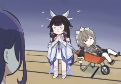  3girls black_dress black_hair braid brown_hair bun_with_braided_base closed_eyes closed_mouth columbina_(genshin_impact) detached_sleeves dress flying_sweatdrops from_side full_body genshin_impact gloves highres long_hair long_sleeves multiple_girls purple_hair raiden_shogun sandrone_(genshin_impact) standing white_dress white_gloves xinzoruo 