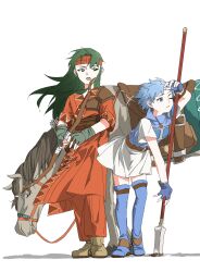  1other 2girls blue_eyes blue_hair bow_(weapon) closed_mouth fingerless_gloves fire_emblem fire_emblem:_the_binding_blade gloves green_eyes green_hair hairband highres holding holding_bow_(weapon) holding_polearm holding_weapon horse jihh7033p long_hair multiple_girls orange_hairband polearm saddle shanna_(fire_emblem) short_hair sue_(fire_emblem) weapon 