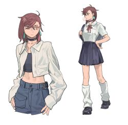  1girl alternate_costume ayase_momo backpack bag black_choker black_shoes black_tank_top blowing_bubble_gum blue_skirt bow bowtie brown_hair chewing_gum choker collarbone commentary_request cowboy_shot crop_top cropped_jacket cropped_legs crossed_bangs dandadan denim earrings full_body hair_between_eyes hand_on_own_hip highres holding_strap jacket jewelry kai_(huikuai2) kami_high_school_uniform long_sleeves looking_to_the_side loose_socks midriff miniskirt multiple_views open_clothes open_jacket pleated_skirt red_bow red_bowtie red_eyes school_uniform shirt shoes short_hair short_sleeves simple_background skirt socks tank_top white_background white_jacket white_shirt white_socks 