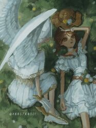  2girls angel_wings arm_up artist_name braid brown_eyes brown_hair capelet choker commentary dandelion dress emily_dyer emily_dyer_(holy_angel) emma_woods emma_woods_(as_the_wind_blows) feathered_wings fishnet_gloves fishnets flower frilled_sleeves frills from_above from_behind gloves grass hair_between_eyes hat highres hnnstkn001 holding holding_hands identity_v lace lace-trimmed_choker lace_gloves lace_trim leaf looking_up low_twin_braids lying multiple_girls on_back on_grass on_ground outdoors parted_lips protected_link sandals short_sleeves sitting straw_hat twin_braids unworn_hat unworn_headwear white_choker white_dress white_flower white_gloves white_wings wings 