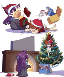  &gt;_&lt; :d :o absurdres animal animalization butterfly_hair_ornament cake cat chimney christmas_tree clothed_animal commentary_request fang fern_(sousou_no_frieren) food frieren grey_hair hair_ornament hat highres j_humbo laughing long_hair mimic mimic_chest no_humans purple_hair red_hat santa_hat sharp_teeth smile sousou_no_frieren stark_(sousou_no_frieren) teeth 