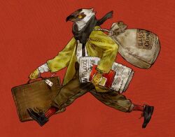  1boy black_scarf briefcase brown_feathers brown_pants coat commentary_request feathers full_body furry furry_male holding holding_briefcase holding_newspaper looking_to_the_side male_focus nagabe newspaper original pants red_background running sack scarf shirt solo suspenders white_feathers white_shirt yellow_coat yellow_eyes 