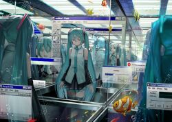  1girl absurdres animal aqua_eyes aqua_hair aqua_nails aqua_necktie bare_shoulders black_sleeves captcha clownfish cosplay cursor desktop_(computing) detached_sleeves fish grey_shirt hair_between_eyes hair_ornament hatsune_miku hatsune_miku_(cosplay) headphones headset highres kei_(keigarou)_(style) long_hair looking_at_viewer microsoft_paint_(software) microsoft_windows mii_(nintendo) mirror necktie number_tattoo open_mouth parody shirt sleeveless sleeveless_shirt smile solo style_parody taskbar tattoo thigh-highs twintails very_long_hair vocaloid windows_classic windows_media_player yunkkker 