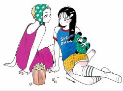  2girls bare_shoulders barefoot black_eyes black_hair blue_nails blue_shirt blush choppy_bangs clothing_request colored_skin commentary dress emamemamo33 fingernails floral_print food full_body hair_ornament hairclip highres holding kneehighs long_hair looking_at_another multiple_girls nail_polish original pink_dress polka_dot popcorn raglan_sleeves red_nails shirt short_hair shorts signature simple_background sitting socks striped_clothes striped_socks stuffed_animal stuffed_toy teddy_bear toenail_polish toenails traditional_media white_background white_skin yellow_shorts yokozuwari 