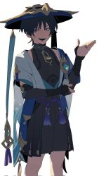  1boy animal_print armor bird_print black_bodysuit black_bow black_bridal_gauntlets black_hair black_mouth black_shorts blue_gemstone blue_hat blue_kimono blue_sleeves blunt_ends bodysuit bow bridal_gauntlets bright_pupils covered_collarbone cowboy_shot eyeliner eyeshadow fingernails furisode gem genshin_impact gold gold_ring hakama hakama_shorts hand_on_own_elbow hand_up hat highres japanese_armor japanese_clothes jingasa juban kimono kote kurokote layered_sleeves looking_at_viewer makeup male_focus middle_ring open_clothes open_hand open_kimono pleated_shorts pom_pom_(clothes) purple_sash red_eyeliner red_eyeshadow sash scaramouche_(genshin_impact) short_sleeves shorts shoulder_peek sokeve solo tassel teeth tsurime twitter_username upper_teeth_only violet_eyes vision_(genshin_impact) wanderer_(genshin_impact) white_background white_kimono white_pupils white_sleeves 