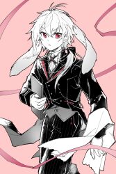  1boy ansel_(arknights) arknights chinese_commentary commentary_request cowboy_shot hair_between_eyes highres holding long_sleeves looking_at_viewer male_focus pants partially_colored piaoliu_ping_ping_ping_pingzi pink_background pink_ribbon red_eyes ribbon short_hair_with_long_locks simple_background solo split_mouth standing striped_clothes striped_pants tailcoat towel vertical-striped_clothes vertical-striped_pants very_long_ears 