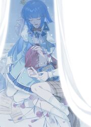  1boy 1girl absurdres aged_down ascot blue_hair blue_skirt blunt_bangs blunt_ends blunt_sidelocks book bow bowtie closed_eyes crown curled_up flower frilled_skirt frills highres hime_cut holding holding_book jinxiaoyimeng lap_pillow lapels light_particles loafers long_hair mini_crown pantyhose parted_lips petting piece_(umineko) plaid_clothes plaid_shorts puffy_sleeves red_bow red_bowtie red_flower red_hair sheet_music shoes shorts sidelocks sitting skirt sleeping smile socks umineko_no_naku_koro_ni ushiromiya_battler wariza white_ascot white_pantyhose white_socks 