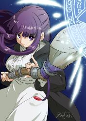  1girl artist_name black_coat blue_background closed_mouth coat commentary_request cowboy_shot dress fern_(sousou_no_frieren) highres holding holding_staff long_hair long_sleeves looking_at_viewer mage_staff magic open_clothes open_coat purple_hair solo sousou_no_frieren staff violet_eyes white_dress you_bird 