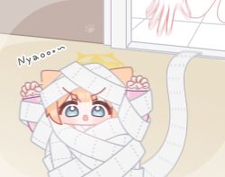  1girl absurdres animal_ears arms_up blue_archive blunt_bangs chibi claw_pose halo highres horuhara long_sleeves looking_ahead mari_(blue_archive) motion_blur mummy_costume no_nose open_mouth orange_hair pajamas pink_pajamas solo solo_focus standing tile_floor tiles v-shaped_eyebrows yellow_halo 