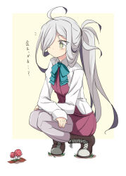  1girl ahoge asashimo_(kancolle) blue_bow blue_bowtie blush boots border bow bowtie brown_boots collared_shirt commentary_request dress full_body grass green_eyes grey_hair grey_pantyhose hair_over_one_eye kantai_collection kugui_kiyunemu long_hair long_sleeves mushroom outside_border pantyhose pleated_dress ponytail red_dress shirt short_dress simple_background sleeves_past_wrists solo squatting translation_request very_long_hair white_border white_shirt yellow_background 