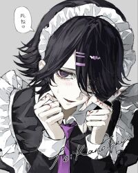  1boy alternate_costume black_dress black_hair blood blood_on_face blush boxcutter crossdressing dress enmaided grey_background hair_ornament hairclip hands_up heart highres holding holding_boxcutter konosekaino920 long_sleeves maid maid_headdress male_focus necktie original purple_necktie self-harm smile solo speech_bubble sweatdrop 