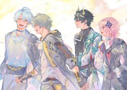  1girl 3boys antenna_hair arm_ribbon armor artist_name belt berrysoooda black_belt black_choker black_coat black_dress black_gloves black_hair black_jacket black_pants black_shirt blue_hair blush caelus_(honkai:_star_rail) chinese_clothes choker clenched_hand closed_eyes closed_mouth clothing_cutout coat collared_shirt confetti cowboy_shot dan_heng_(honkai:_star_rail) dan_heng_(permansor_terrae)_(honkai:_star_rail) dragon_boy dragon_horns dress earclip english_commentary evernight_(honkai:_star_rail) eyeliner fingerless_gloves flower flower_ornament gloves grey_hair hair_between_eyes hair_flower hair_ornament hairclip hand_up high-waist_pants highres honkai:_star_rail honkai_(series) hood hooded_coat horns jacket jewelry lapels long_hair long_sleeves looking_at_another low_ponytail low_twintails makeup march_7th_(honkai:_star_rail) multiple_boys neck_tattoo necklace official_alternate_costume official_alternate_hairstyle open_clothes open_coat open_jacket open_mouth pants pearl_necklace phainon_(honkai:_star_rail) pink_hair pointy_ears ponytail puffy_long_sleeves puffy_sleeves purple_flower red_eyeliner red_eyes red_flower ribbon shirt short_hair shoulder_armor shoulder_cutout sidelocks simple_background single_bare_shoulder smile standing star_(symbol) star_necklace sun_symbol sun_tattoo t-shirt tassel tattoo teeth trailblazer_(honkai:_star_rail) twintails two-sided_coat two-sided_fabric two-tone_dress white_background white_coat white_dress white_shirt yellow_coat 