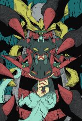  alternate_form aqua_skin black_sclera black_skin chevron_(symbol) colored_sclera colored_skin demon distortion_world dot_pupils dragapult dragon drakloak dreepy evolutionary_line eyeliner giratina giratina_(origin) gold_trim gradient_skin green_skin grey_skin highres long_tail makeup no_humans on_head onigiri_debu pokemon pokemon_(creature) pokemon_focus pokemon_on_head red_claws red_eyeliner red_eyes slit_pupils spikes tail wings yellow_sclera 