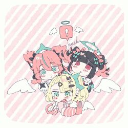  ! 3girls angel_wings artist_name bandaid bandaid_hair_ornament behind_another black_bow black_hair blonde_hair blunt_bangs blush bow bright_pupils cellphone chibi chibi_only chinatsu_remiel closed_mouth colored_inner_hair commentary diagonal-striped_background earrings fang flying_nimbus frilled_sleeves frills green_bow green_eyes green_streaks hair_between_eyes hair_bow hair_ornament hair_ribbon hairclip hairpin hanada_(cobalt003) heart highres holding holding_phone jewelry long_hair looking_at_phone multicolored_hair multiple_girls multiple_hair_clips musical_note_earrings open_mouth phone pink_arm_warmers pink_background pink_bag pink_hair pink_ribbon pointing ponytail red_eyes ribbon ring_hair_ornament rokudu_sariel shirt short_hair short_twintails smile spoken_exclamation_mark striped_arm_warmers striped_background too_many_bows twintails two-tone_background upper_body white_background white_pupils white_shirt white_wings winged_bag wings yutane_johiel zenless_zone_zero 