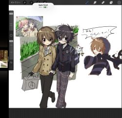  2boys akechi_gorou akemi_homura amamiya_ren art_program_in_frame black_mask_(persona_5) brown_hair glasses highres holding_hands kaname_madoka kyubey mahou_shoujo_madoka_magica male_focus multiple_boys parody persona persona_5 reference_inset school_uniform shuujin_academy_school_uniform style_parody y8jy2rsywi11255 