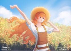  1girl ^_^ absurdres alternate_costume arms_up blue_sky braid braided_sidelock brown_overalls bush closed_eyes closed_mouth day hands_up hat highres long_hair orange_hair outdoors overalls reverse:1999 shirt short_sleeves sky smile solo sonetto_(reverse:1999) straw_hat t-shirt upper_body very_long_hair watermark white_shirt yellow_hat yyby 