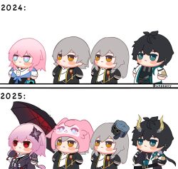  2024 2025 2boys 2girls antenna_hair armor artist_name belt black_belt black_coat black_dress black_gloves black_hair black_jacket black_pants black_shirt black_skirt blue_eyes blue_jacket blush_stickers border buttons caelus_(honkai:_star_rail) cake_cat_(honkai:_star_rail) camera character_hat chibi chibi_only chinese_clothes closed_mouth clothes_around_waist coat collared_shirt dan_heng_(honkai:_star_rail) dan_heng_(permansor_terrae)_(honkai:_star_rail) dragon_boy dragon_horns dress dual_persona earclip empty_eyes english_commentary evernight_(honkai:_star_rail) flower flower_ornament gloves grey_hair hair_between_eyes hair_flower hair_ornament hand_up hat highres holding holding_umbrella honkai:_star_rail honkai_(series) horns jacket lapels long_hair long_sleeves low_ponytail low_twintails march_7th_(honkai:_star_rail) mem_(honkai:_star_rail) mini_hat multicolored_eyes multiple_boys multiple_girls multiple_views official_alternate_costume official_alternate_hairstyle open_clothes open_coat open_jacket orange_eyes pants pink_eyes pink_hair pointy_ears ponytail purple_flower red_flower shirt short_hair shoulder_armor single_glove skirt sparkling_eyes standing stelle_(honkai:_star_rail) t-shirt tassel tied_jacket trailblazer_(honkai:_star_rail) trailblazer_(trash_cake)_(honkai:_star_rail) twintails two-tone_dress umbrella unosaki2 upper_body white_border white_coat white_dress white_shirt 