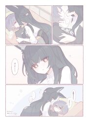  2girls absurdres after_kiss animal_ear_fluff animal_ears belle_(zenless_zone_zero) black_hair blue_hair blush braid fox_ears fox_girl green_eyes half_up_braid highres hoshimi_miyabi long_hair multiple_girls partially_translated red_eyes short_hair translation_request very_long_hair yuri zenless_zone_zero zzzii0 