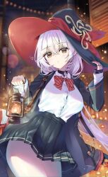  1girl absurdres blue_archive bolt_action bow bowtie breasts brown_halo carcano crossed_bangs diagonal-striped_bow diagonal-striped_bowtie diagonal-striped_clothes eri_(blue_archive) gun halo hand_on_headwear hat highres holding holding_lantern jewelry lantern large_breasts long_hair multiple_rings natie pleated_skirt red_bow red_bowtie red_streaks rifle ring shirt shirt_tucked_in side_halo skirt solo striped_bow striped_bowtie striped_clothes tilted_halo two-sided_fabric two-sided_headwear unbuttoned_jacket weapon white_hair white_shirt wild_hunt_academy_of_arts_logo witch_hat 