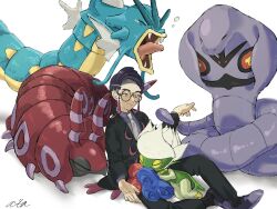  absurdres antennae arbok black_pants black_socks black_suit blue_flower blue_rose bug cobra_(animal) collared_shirt corbeau_(pokemon) dragon eyewear_strap fangs flower glasses gyarados highres mask necktie on_floor pants pokemon pokemon_(creature) pokemon_legends:_z-a purple_hair purple_shirt purple_shoes red_flower red_rose rose roserade round_eyewear scolipede shirt shoes short_hair sitting sleeping smile snake socks suit whiskers white_background white_flower white_necktie white_rose wndfltnp yawning yellow_eyes 