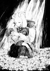  1boy 1other 2025 2d alternate_form ambiguous_gender animal_ears anthro artist_name asriel_dreemurr asriel_dreemurr_(god_of_hyperdeath) barefoot black_background boots chara_(undertale) closed_eyes delta_rune_(symbol) delta_rune_print digital_media droopy_ears duo face_mark fangs floppy_ears flower furry furry_male goat goat_boy goat_ears goat_horns greyscale hatching_(texture) highres horizontal-striped_clothes horns human long_sleeves male mammal monochrome monster monster_boy on_one_knee robe shirt short_hair shorts simple_background single_horizontal_stripe spoilers striped_clothes striped_shirt undertale unyomoke utdr_(toby_fox) 