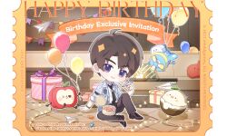 1boy absurdres aircraft airplane apple balloon black_necktie black_pants black_shoes blue_eyes box brown_hair caleb_(love_and_deepspace) candy chibi chibi_only cocktail_umbrella collared_shirt copyright_name english_commentary food fruit gift gift_box happy highres holding holding_paper_airplane looking_at_viewer love_and_deepspace male_focus necktie official_art pants paper_airplane parted_lips pennant propeller shirt shoes short_hair sitting sleeves_rolled_up smile solo stuffed_apple ticket white_shirt wrapped_candy 
