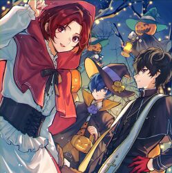  3boys absurdres amamiya_ren arm_at_side ascot bare_tree basket belt belt_buckle black_belt black_cape black_corset black_eyes black_hair black_hat black_ribbon blue_eyes blue_hair buckle cape capelet center_frills chromatic_aberration closed_mouth collared_shirt commentary corset cosplay dusk frilled_shirt frilled_sleeves frills gloves hair_over_one_eye halloween halloween_bucket halloween_costume hand_on_own_hip hand_up hat highres holding holding_basket hood hood_up hooded_capelet jack-o&#039;-lantern kamishiro_nagisa light_particles little_red_riding_hood_(fairy_tale_character) little_red_riding_hood_(fairy_tale_character)_(cosplay) long_sleeves looking_at_viewer male_focus multiple_boys neck_ribbon open_mouth orange_vest outdoors parted_bangs parted_lips pentacle_dark persona persona_3 persona_5 persona_5:_the_phantom_x priest purple_ascot pyro_jack red_capelet red_eyes red_gloves red_hair red_skirt ribbon shirt short_hair skirt smile tree vest white_shirt wing_collar witch witch_hat yuuki_makoto_(persona_3) 