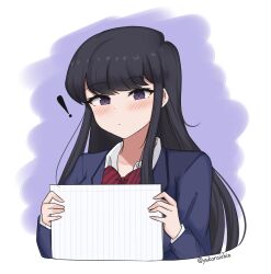  ! 1girl absurdres black_eyes black_hair blue_jacket blush bow bowtie closed_mouth commentary cropped_torso diagonal-striped_bow diagonal-striped_bowtie diagonal-striped_clothes dot_mouth highres holding holding_paper itan_private_high_school_uniform jacket komi-san_wa_komyushou_desu komi_shouko long_hair long_sleeves looking_at_viewer paper purple_background red_bow red_bowtie school_uniform solo striped_bow striped_bowtie striped_clothes swept_bangs textless_version white_background yukaraishin 