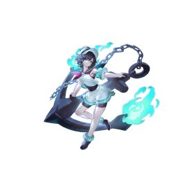  1girl adapted_costume anchor anchor_symbol bike_shorts black_gloves black_hair black_sailor_collar blue_eyes blue_fire chain closed_mouth covered_navel fire full_body game_cg gloves green_sailor_collar hat highres holding holding_anchor looking_at_viewer murasa_minamitsu neckerchief non-web_source official_art peaked_cap red_neckerchief sailor_collar sailor_shirt second-party_source shirt short_hair shorts single_glove sleeveless sleeveless_shirt solo touhou touhou_gensou_eclipse transparent_background u_u_zan white_hat white_shirt white_shorts 