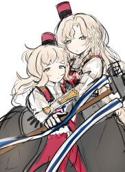  2girls absurdres black_skirt blonde_hair eidsvold_(kancolle) gloves grey_eyes hat highres kantai_collection kaomoji_(sagor00237) mast multiple_girls norge_(kancolle) red_hat ribbon skirt white_gloves 