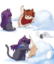  ... :d :t absurdres angry animal animalization black_hair blank_speech_bubble butterfly_hair_ornament capelet cat clothed_animal commentary fang fern_(sousou_no_frieren) hair_ornament highres j_humbo multicolored_hair no_humans open_mouth outdoors purple_hair red_capelet red_hair scarf scratches short_hair signature smile snow sousou_no_frieren speech_bubble spoken_ellipsis stark_(sousou_no_frieren) stuck symbol-only_commentary two-tone_hair 