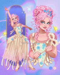  1girl alternate_costume artist_name blue_eyes boots brown_dress butterfly_hair_ornament dress enid_sinclair hair_ornament high_heel_boots high_heels highres looking_at_viewer luztapiaart multiple_views pink_hair the_addams_family watermark wednesday_(netflix) 