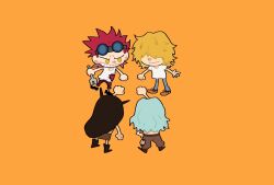  4boys aged_down blonde_hair blue_hair boots brown_pants chibi clenched_hand eustass_kid gangan233 hair_over_eyes heat_(one_piece) highres killer_(one_piece) long_hair male_focus multiple_boys one_piece orange_background pants red_hair simple_background smile spiky_hair striped_clothes striped_pants vertical-striped_clothes vertical-striped_pants wire_(one_piece) yellow_eyes 