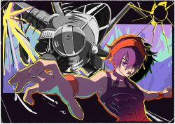  1boy aerosmith_(stand) aircraft airplane black_tank_top choker commentary_request fingernails foreshortening hair_between_eyes hairband headband highres jojo_no_kimyou_na_bouken long_bangs looking_at_viewer male_focus medium_hair narancia_ghirga nnnnnnatsuto orange_hairband outstretched_arms purple_choker purple_hair solo stand_(jojo) tank_top upper_body vento_aureo violet_eyes wristband 
