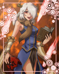  1girl animal_around_neck blue_shirt blue_skirt book breasts brown_horns brown_sleeves commentary_request cowboy_shot detached_sleeves fox grey_hair hair_over_one_eye holding holding_book holding_mask horns long_hair looking_at_viewer mask medium_breasts open_mouth orange_background professor_(ragnarok_online) ragnarok_online red_eyes shirt skirt skirt_set sleeveless sleeveless_shirt smile solo striped_sleeves takeru 