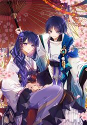  1boy 1girl abstract_background alternate_costume animal blue_eyes blue_hair blue_pupils blunt_bangs blurry blurry_background braid cherry_blossoms commentary_request crossed_legs floral_print floral_print_kimono flower flower_ornament fox fox_girl friends frilled_kimono frilled_sleeves frills genshin_impact hair_between_eyes hair_ornament hair_over_shoulder highres holding holding_umbrella japanese_clothes jewelry kimono leaning_forward leaning_to_the_side long_braid long_hair long_sleeves looking_at_viewer looking_down looking_to_the_side mitsudomoe_(shape) mole mole_under_eye mother_and_son motion_blur multicolored_eyes multicolored_hair oil-paper_umbrella open_mouth outdoors pendant print_kimono purple_flower purple_kimono raiden_shogun red_sash ribbon sash scaramouche_(genshin_impact) shade short_hair single_braid sitting smirk standing streaked_hair takoyan_(g_autumn) teeth tomoe_(symbol) umbrella upper_body violet_eyes vision_(genshin_impact) wanderer_(genshin_impact) wide_sleeves yae_miko yae_miko_(fox) 