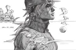  1boy argyle_clothes argyle_sweater bandaid bandaid_on_cheek bandaid_on_face character_name dated diego_brando dinosaur eyeball greyscale helmet highres jojo_no_kimyou_na_bouken locomotive long_hair male_focus monochrome motor_vehicle nichewhence profile scary_monsters_(stand) solo stand_(jojo) steel_ball_run sweater turtleneck turtleneck_sweater 
