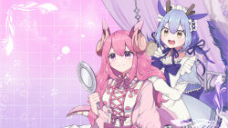 2girls apron blue_hair breasts brushing_another&#039;s_hair brushing_hair commentary_request dragon_girl dragon_horns dragon_tail dragon_wings dress duel_monster fang hair_between_eyes hair_brush hair_down hair_ornament hairdressing hand_in_another&#039;s_hair hand_mirror highres holding holding_another&#039;s_hair holding_brush holding_hair_brush holding_mirror horns japanese_clothes lace-trimmed_apron lace_trim laundry_dragonmaid long_hair long_sleeves looking_at_another looking_at_mirror maid maid_apron medium_hair mirror mixed_maids multicolored_hair multiple_girls nurse_dragonmaid open_mouth pink_hair pink_horns pink_wings pinyata_(pinyaland) puffy_sleeves short_hair smile tail wa_maid wings yellow_eyes yu-gi-oh! 
