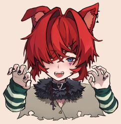  1girl absurdres akechi_(akechi_5416) alternate_costume ange_katrina animal_ear_piercing animal_ears black_nails blue_eyes blush brown_background chain claw_pose commentary_request cropped_shoulders dog_ears facial_mark fur_collar grey_shirt hair_intakes hair_over_one_eye halloween_costume hands_up highres kemonomimi_mode long_bangs looking_at_viewer medium_hair nail_polish nijisanji open_mouth red_hair shirt simple_background single_ear_down sleeves_past_wrists solo striped_sleeves teeth triangle triangle_facial_mark virtual_youtuber werewolf_costume 